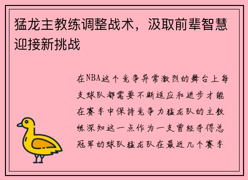 猛龙主教练调整战术，汲取前辈智慧迎接新挑战